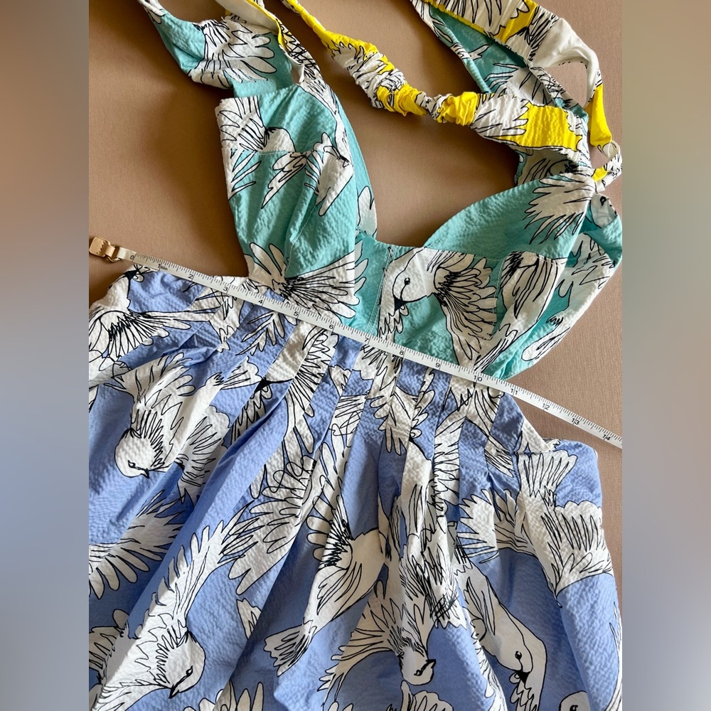 Anthropologie Maeve Tropical Bird Print Cutout Tie Back Mini Dress 2 - Picture 9 of 16